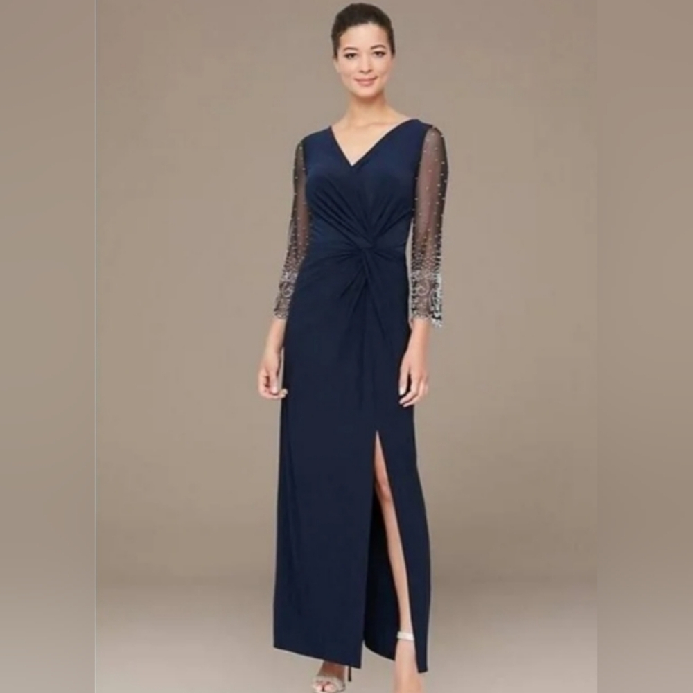 Alex Evenings Navy Blue Silver Long Sleeve Gown  Size 18  NWT